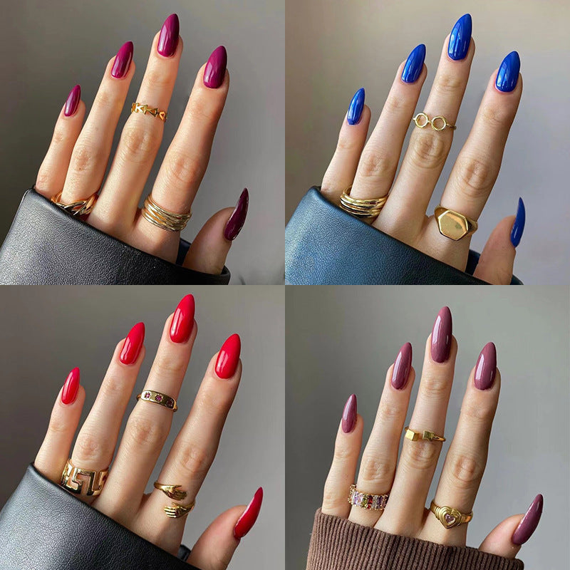 Press On Nails Multi Color Set Glossy Fake Nails Medium Length Reusable Glue On Nails Red Blue Brown Green Nail Set 61