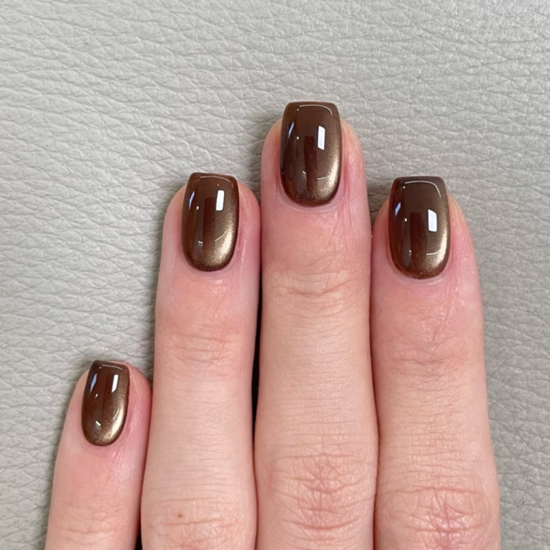 Brown Cat Eye Press On Nails Glossy Magnetic Effect Short Squoval Shape Minimal Elegant Solid Color Full Cover False Nails Kit Reusable 116
