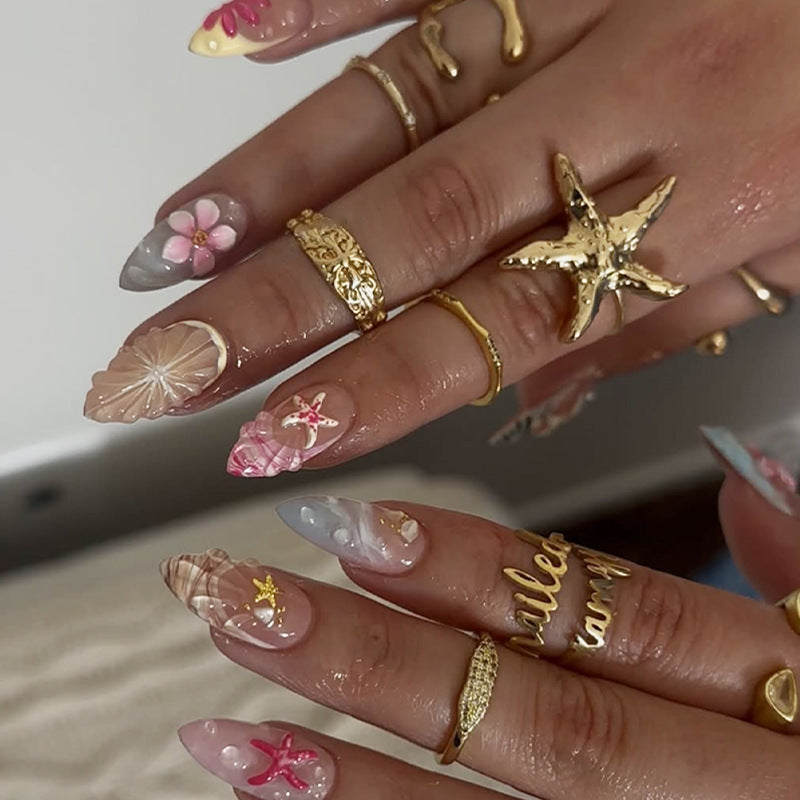 Press On Nails Pink Ombre Star Moon Design Gold Celestial Glossy Fake Nails Reusable Long Coffin Nail Set 69