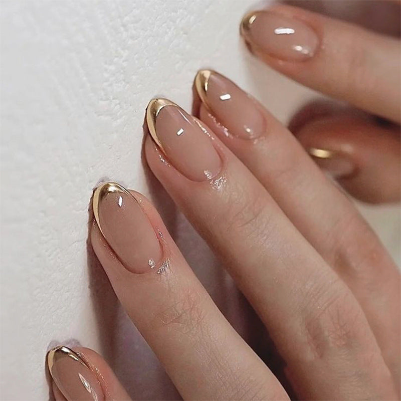 Nude Pink French Tip Press On Nails with Gold Foil Edge Almond Shape Glossy Minimal Luxury Reusable Full Cover False Nails Kit Elegant Clean Girl Aesthetic Nails 91