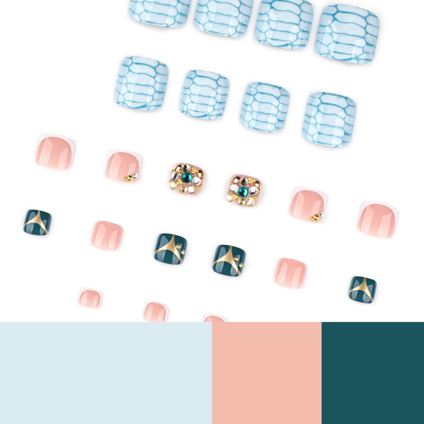 Ice Blue Snake Press On Toenails Mixed Design Nude Pink French Tip Dark Green Metallic Rhinestone Pearl Glossy Short Squoval Fake Toenails Full Cover Reusable Pedicure Nails for Vacation Beach Party 137