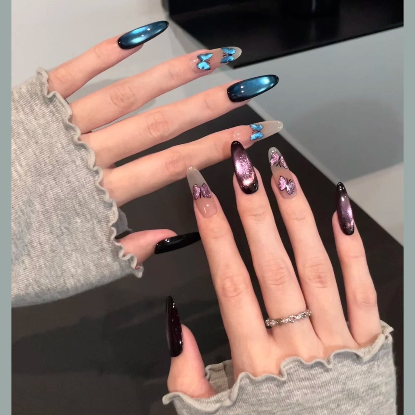 Cat Eye Butterfly Press On Nails Long Almond – Deep Purple Ocean Blue Magnetic Butterfly Handmade Dark Feminine Nail Set 215