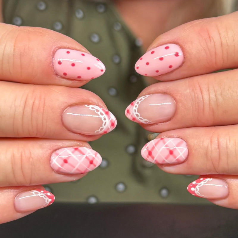 Nude Pink Press On Nails with Lace French Tip Polka Dot Argyle Design Glossy Almond Shape Cute Sweet Style Full Cover False Nails Kit Reusable 127