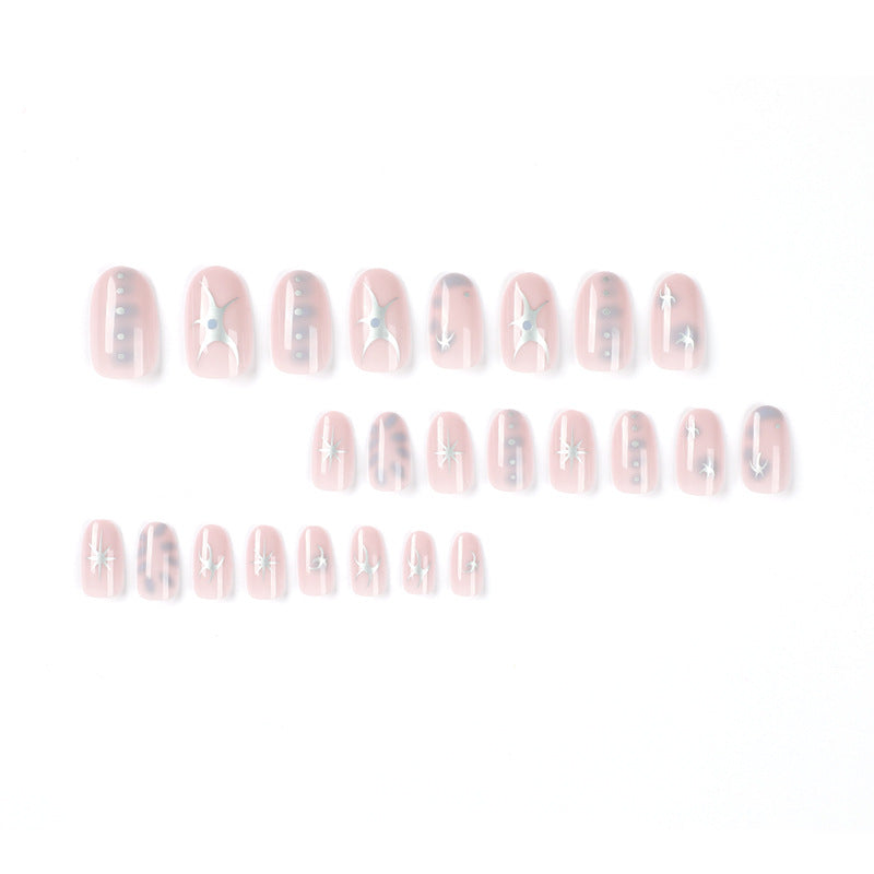 Nude Pink Press On Nails with Silver Star Studs Leopard Print Minimalist Glossy Short Almond Shape Reusable Full Cover False Nails Kit Cute Cool Everyday Natural Look 89