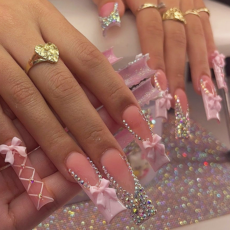 Press On Nails French Tip Pink Nude Bow Rhinestone Ballet Design Glossy Fake Nails Reusable Cute Nail Set 68