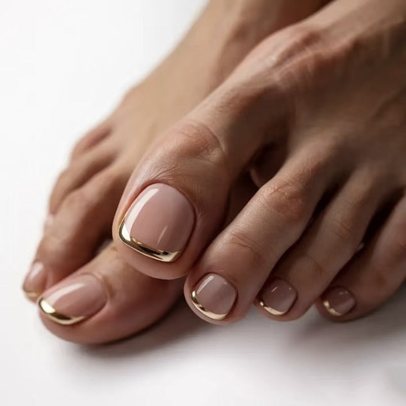 Nude Pink French Tip Press On Toenails with Gold Tips Glossy Short Squoval Shape Minimal Luxury Reusable Full Cover False Toe Nails Kit Elegant Pedicure Nails 102