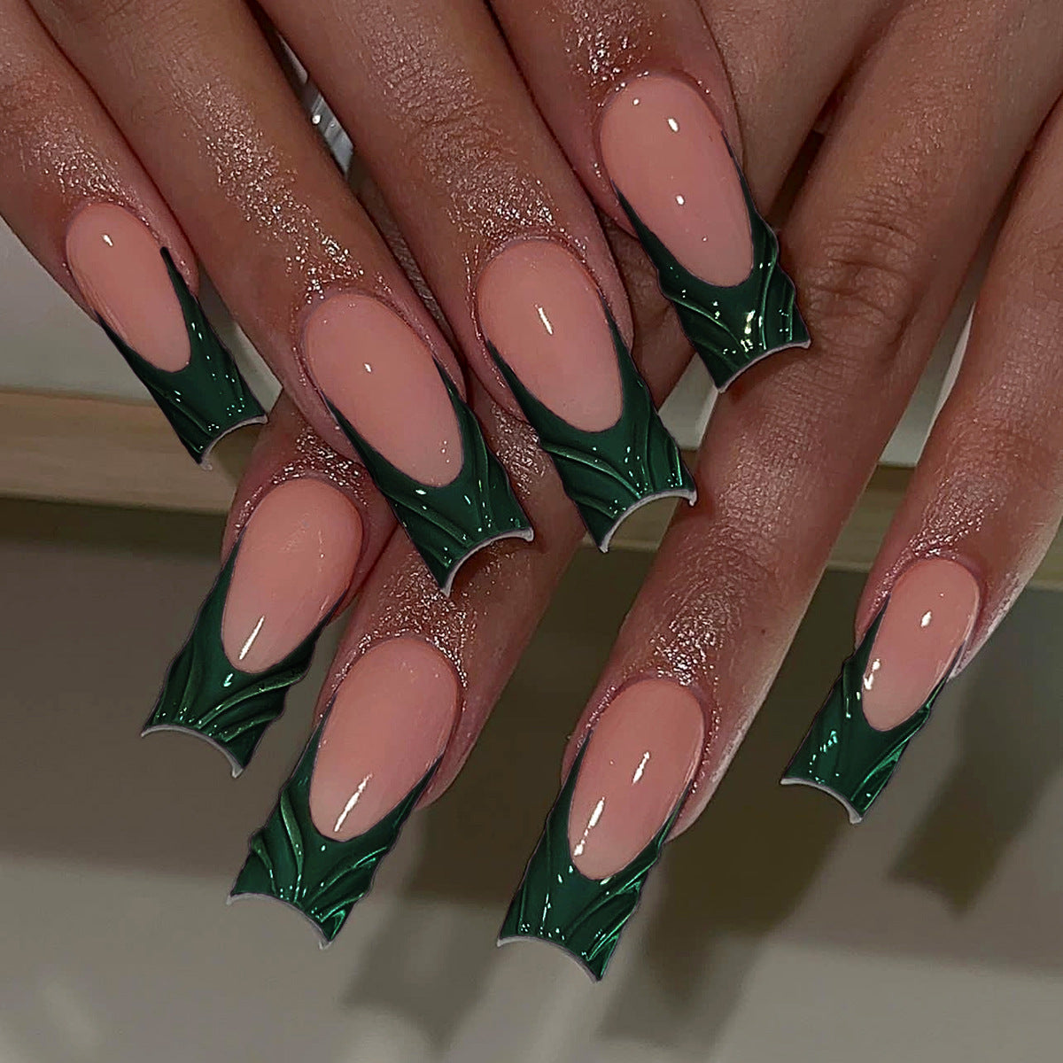 French Tip Press-On Nails Nude Pink Green Almond Long 3D Texture Reusable Glue On Fake Nails Elegant Set 39