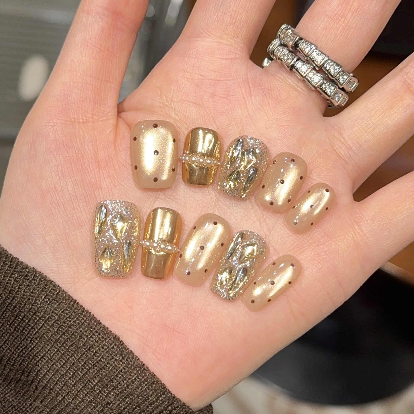 Nude Cat Eye Press On Nails – Short Squoval with Gold Chrome, Rhinestone & Pearl Accents, Glossy Reusable Full Cover 165