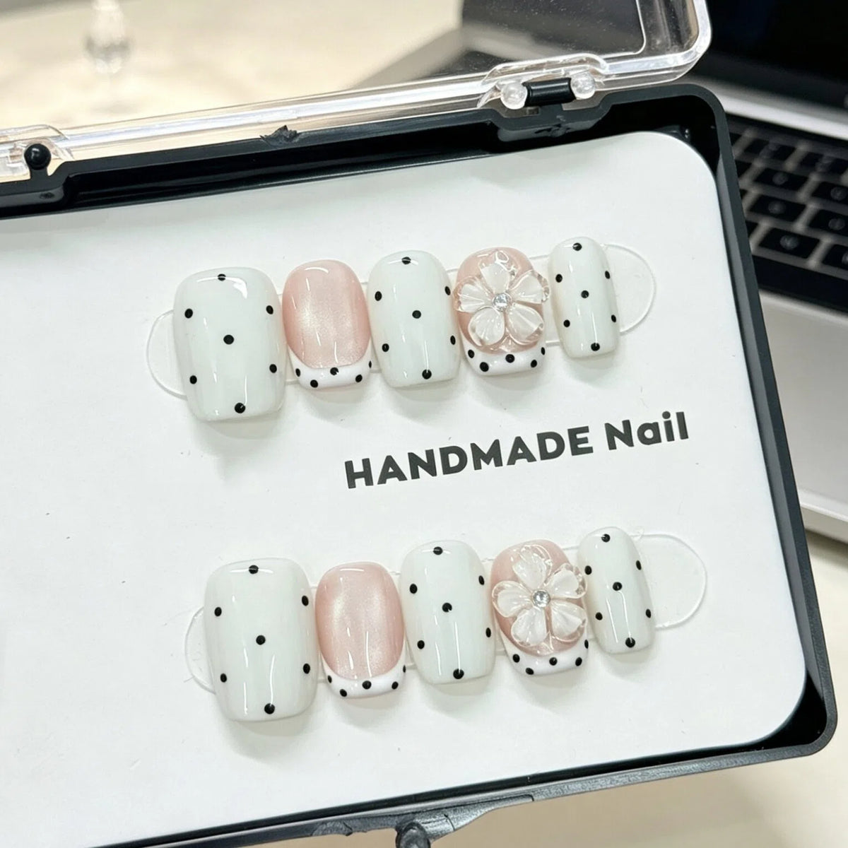Milky White Press-On Nails – Squoval Nails with Nude Pink French Cat Eye & Black Polka Dot Floral Detail | Vintage Feminine Reusable Nail Set 284