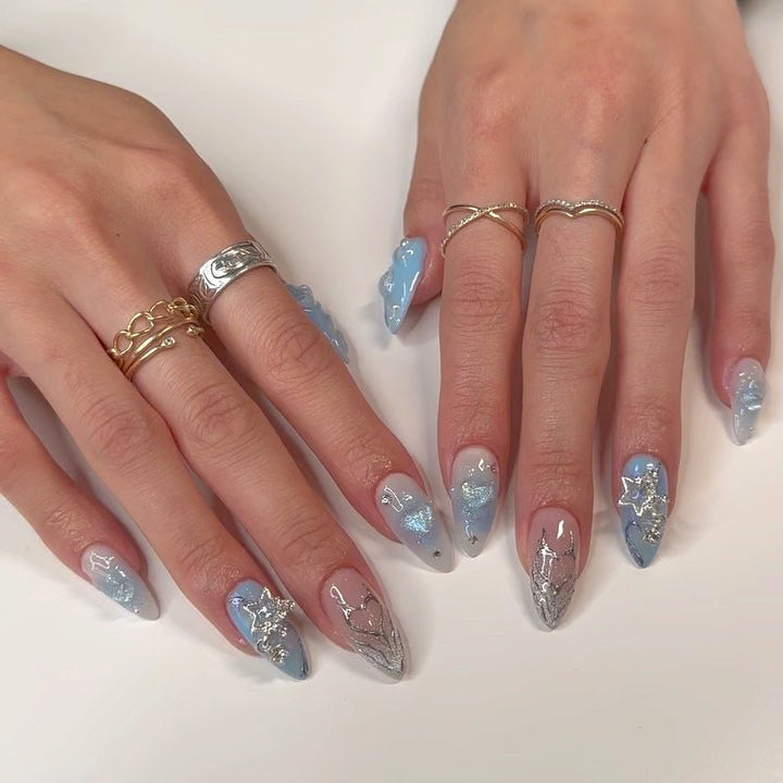 Blue Pink Cat Eye Press On Nails with Heart Charms Star Rhinestones Almond Shape Glossy Gradient Y2K Cute Cool Design Reusable Full Cover False Nails Kit 98