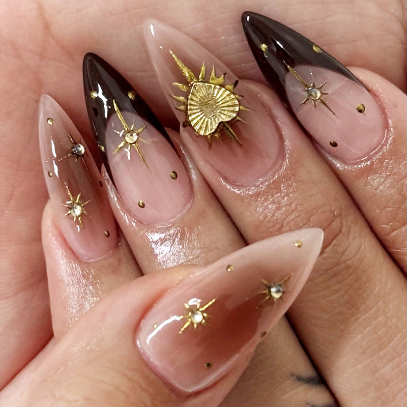 Nude Pink Press-On Nails Almond Black French Tip Star Rhinestone Reusable Glue On Fake Nails Elegant Set 46