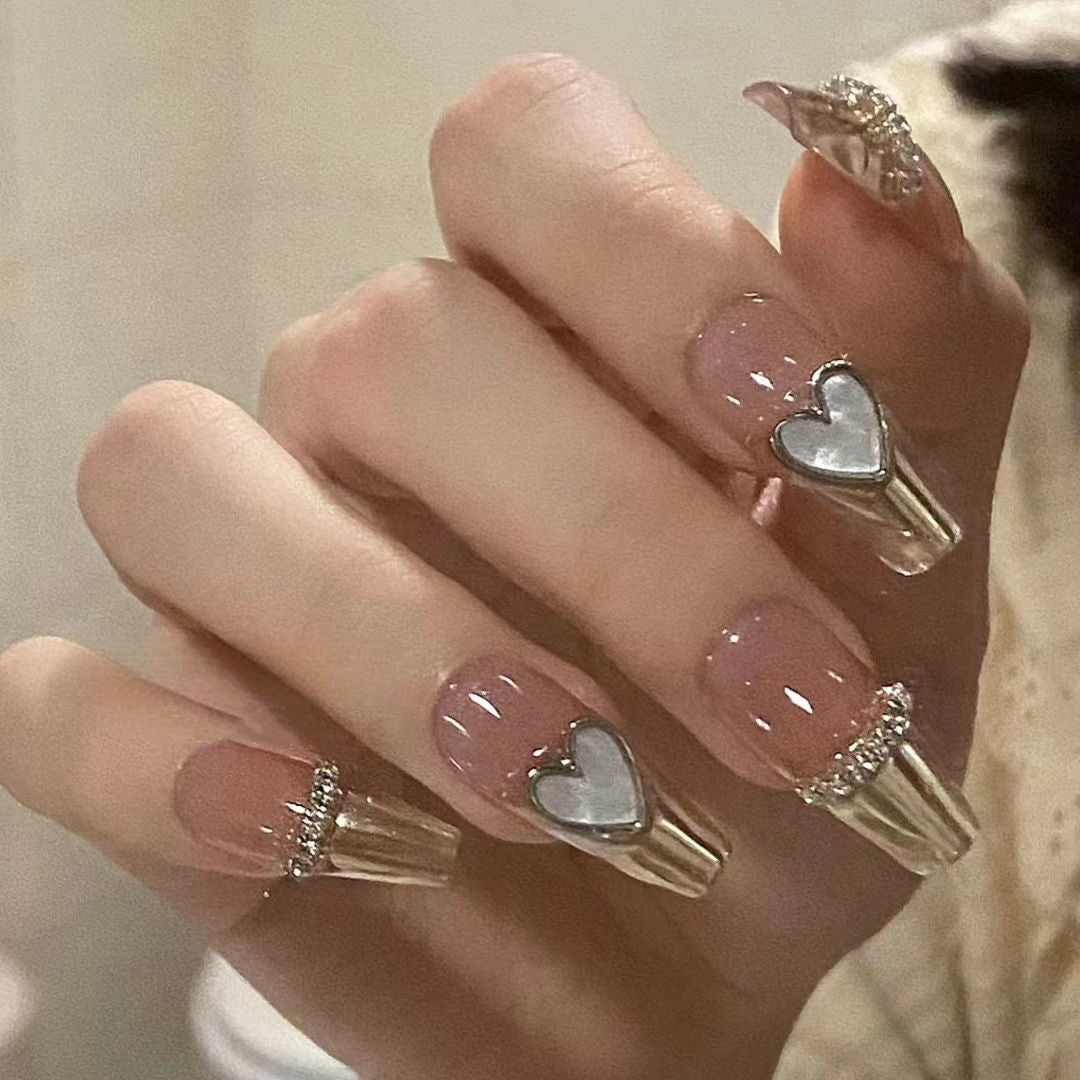 Nude Pink French Tip Press On Nails Gold Brown Glitter Heart Rhinestone Glossy Fake Nails Reusable Glue On Nail Set 58