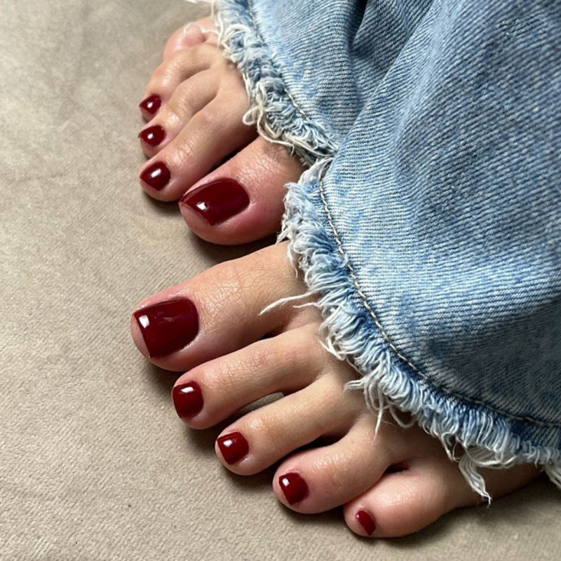 Wine Red Press On Toenails Glossy Solid Color Short Squoval Shape Reusable Full Cover False Toe Nails Kit Classic Elegant Pedicure Nails for Women 106