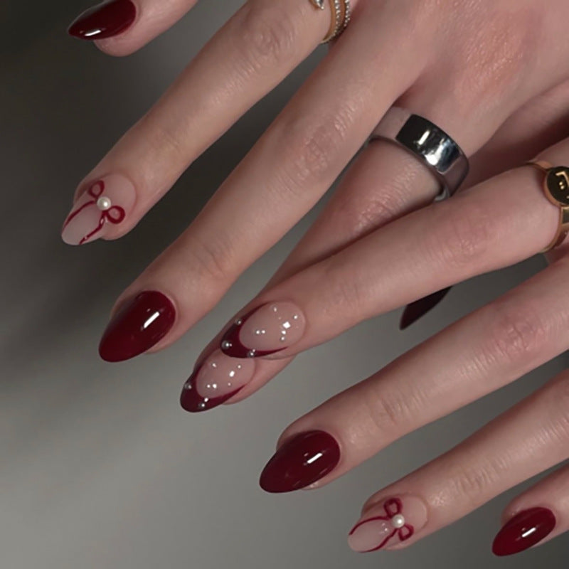 Burgundy Press On Nails with Nude Pink Accent Pearl and Bow Design Glossy Almond Shape Elegant Vintage Style Full Cover False Nails Kit Reusable 128
