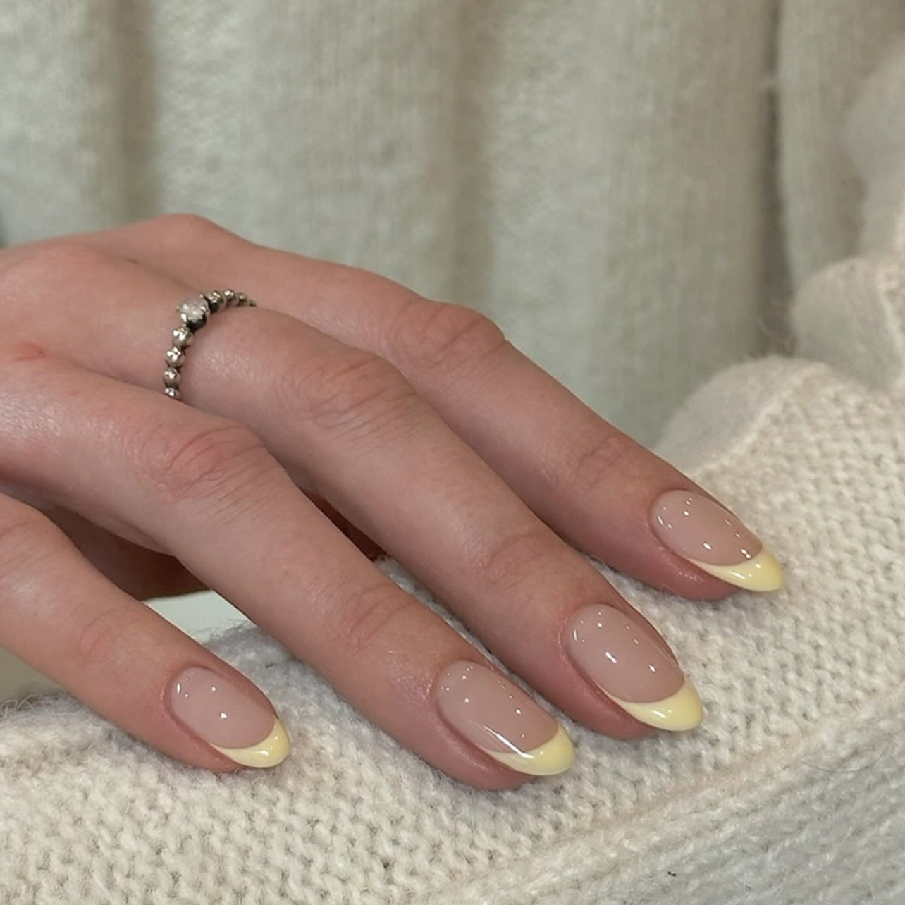 Sheer Nude Press-On Nails with Butter Yellow French Tips, Almond Shape, Minimal Luxury Summer Nails, Glossy Finish, Reusable Stick-On Manicure, Everyday Chic Gel Look 94