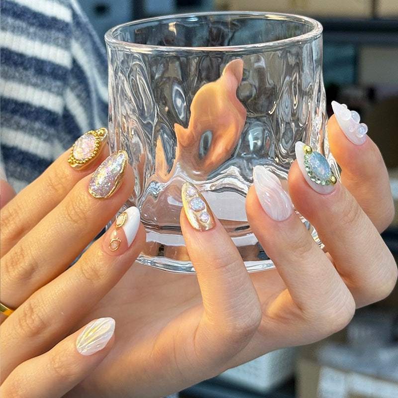Vintage Opal Press On Nails | Oval Nails with Iridescent Opal Flakes, Antique Gold & Shell Details | Reusable Statement Nail Set 329