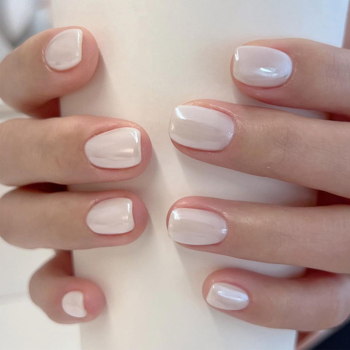 Press On Nails Milky White Natural Glossy Short Oval Fake Nails Nude Clean Girl Minimalist Nails Reusable Full Cover Stick On Nails for Women Everyday Office Wedding 77