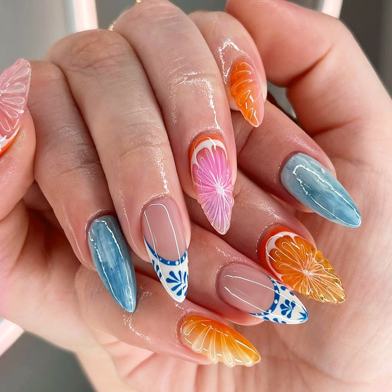 Press On Nails Summer Fruit Design Grapefruit Orange Blue French Tip Glossy Fake Nails Reusable Nail Set Vacation Nails 66