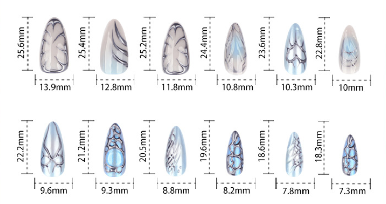 Ice Blue Cat Eye Press On Nails with 3D Metallic Texture Chrome Spider Web Design Glossy Almond Shape Dark Futuristic Full Cover False Nails Kit Reusable 129