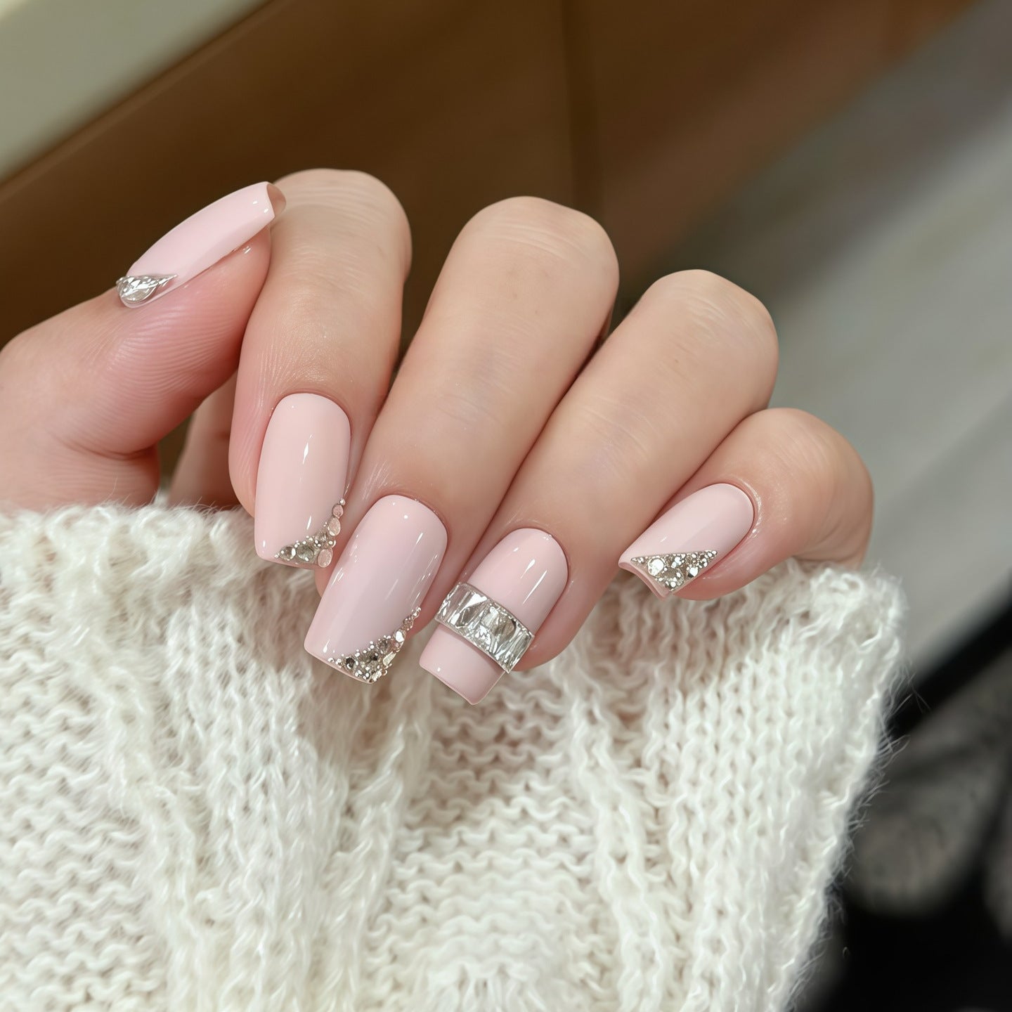 Nude Pink Press On Nails – Short Squoval with Rhinestone Accent, Minimalist Reusable Full Cover 166