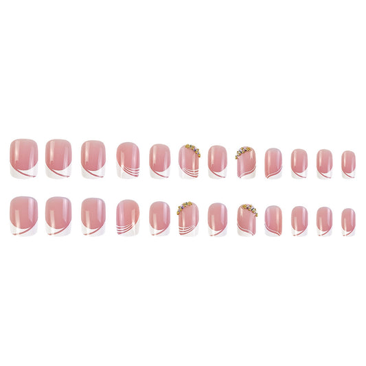 Nude Pink French Tip Press On Nails Short Square Round Wave Rhinestone Glossy 20