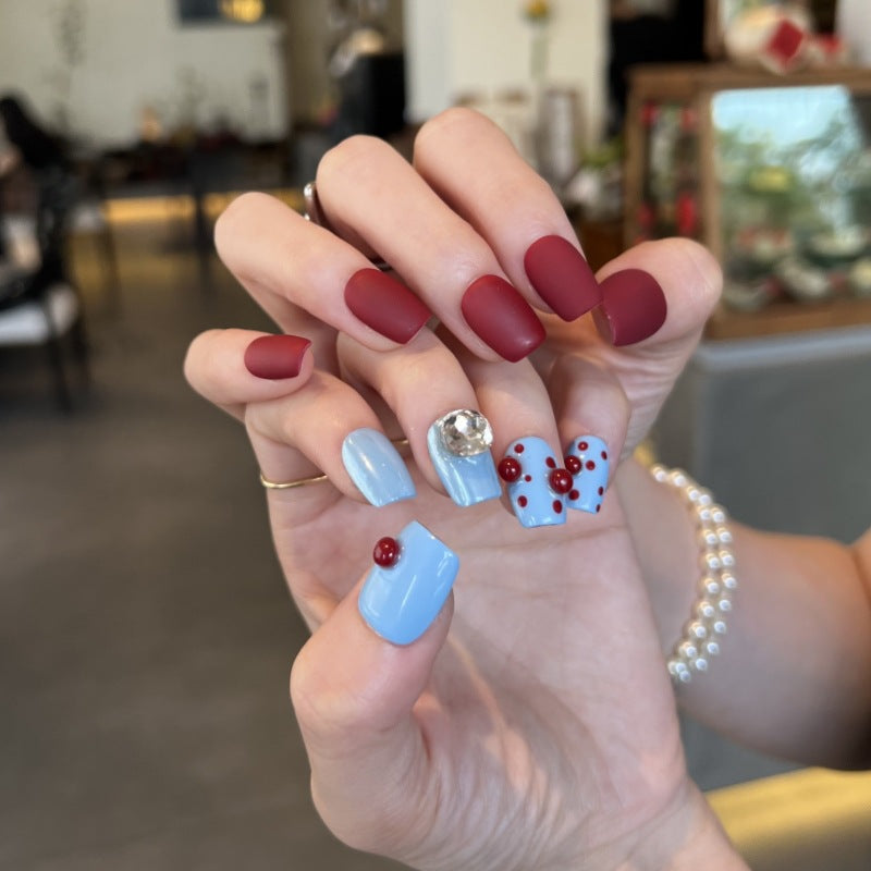 Press On Nails Color Block Blue Burgundy – Short Squoval Retro Acrylic Nails with Rhinestone 3D Beads Glossy Set 145