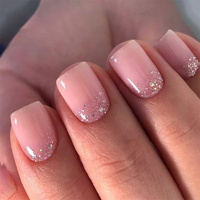 Nude Pink Press On Nails with Glitter Gradient Silver Shimmer Rhinestones Glossy Short Squoval Shape Natural Look Full Cover False Nails Kit Reusable 119
