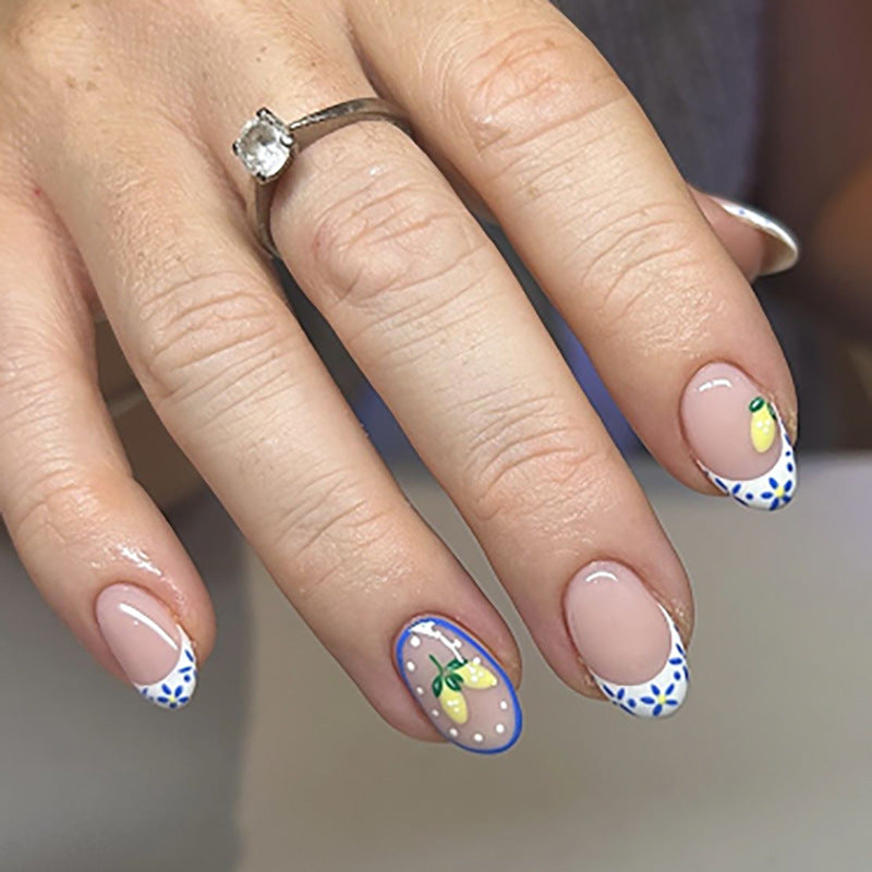 Nude Pink Lemon Press On Nails Floral French Tip Blue Flower Summer Oval Shape Glossy Cute Fake Nails Reusable Full Cover Natural Fresh Nail Kit 124
