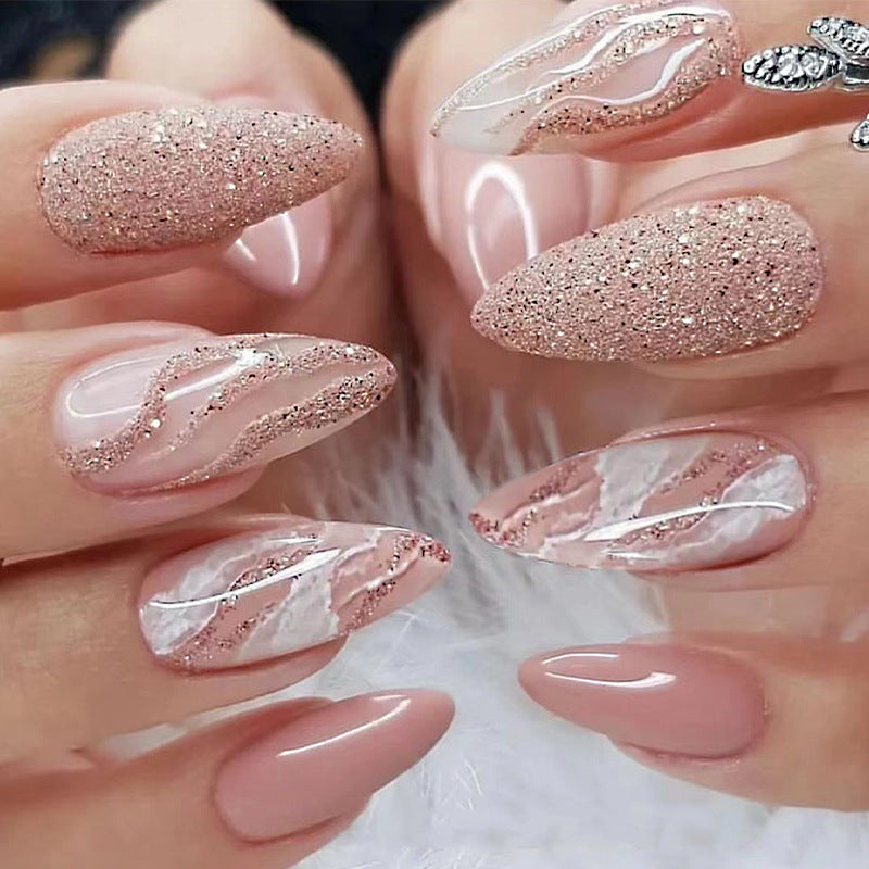 Press On Nails Nude Pink Glitter Wave Glossy Fake Nails Elegant Minimal Shiny Nails Luxury Natural Look Reusable Full Cover Stick On Nails for Women Daily Office Wedding 84