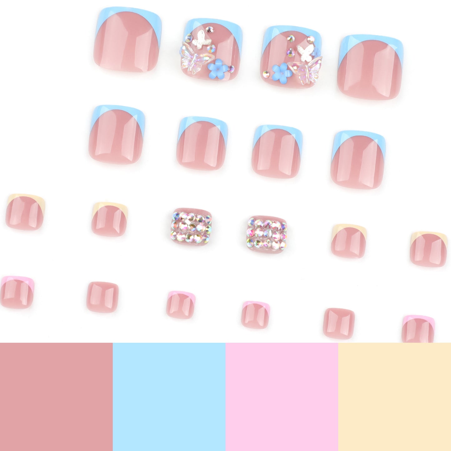 Colorful French Tip Press On Toenails Nude Pink Blue Yellow Short Squoval Glossy 3D Butterfly Flower Rhinestone Full Cover Fake Toenails Reusable Pedicure Nails Kit 149