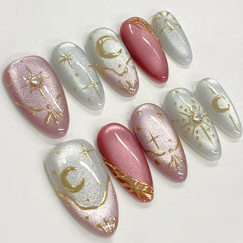 Press On Nails Pink White Ombre Star Moon Design Gold Detail Glossy Fake Nails Reusable Nail Set Cute Luxury Nails 67