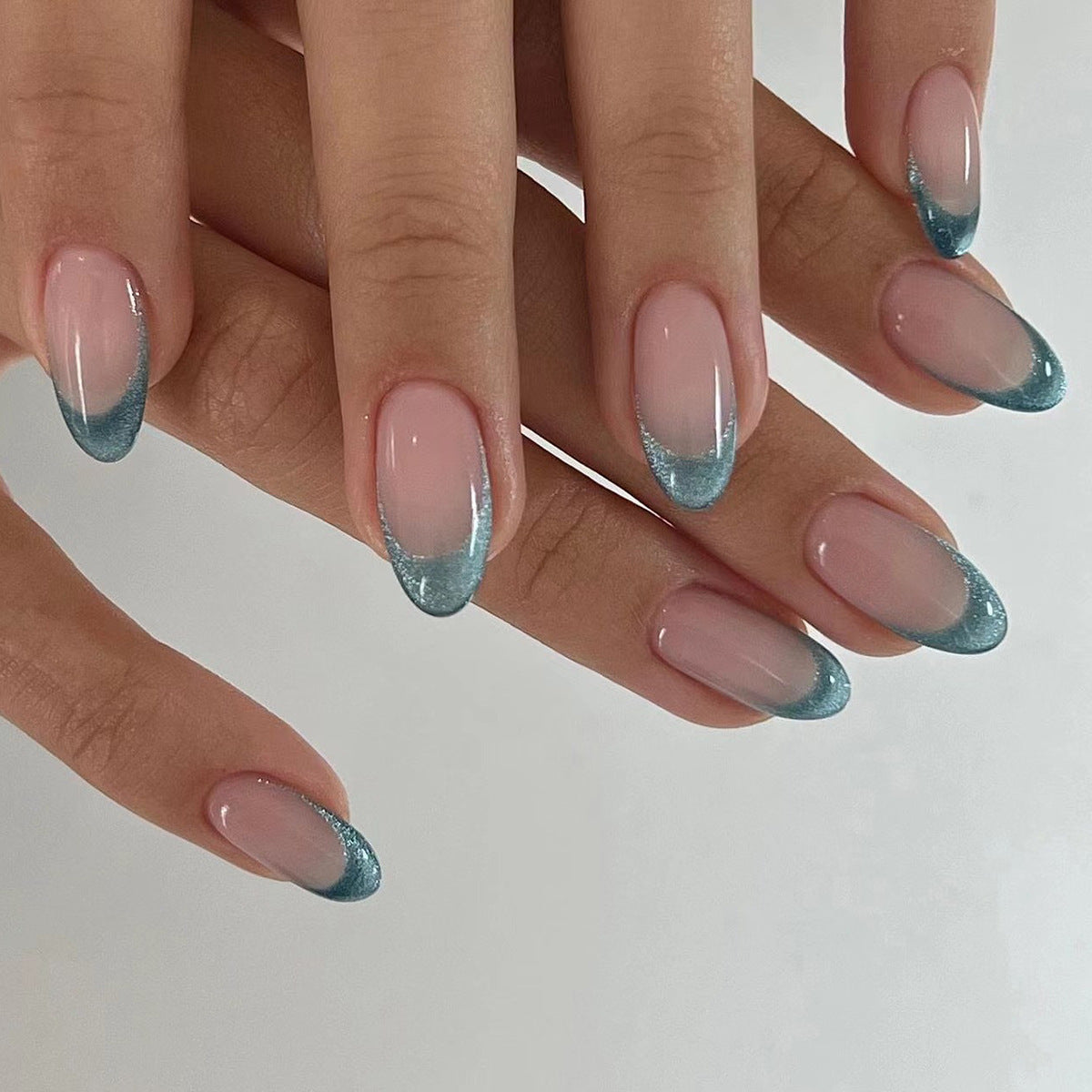 Nude Pink Press On Nails with Blue Glitter French Tips Almond Shape Glossy Minimal Luxury Design Reusable Full Cover False Nails Kit Elegant Everyday Nails 100