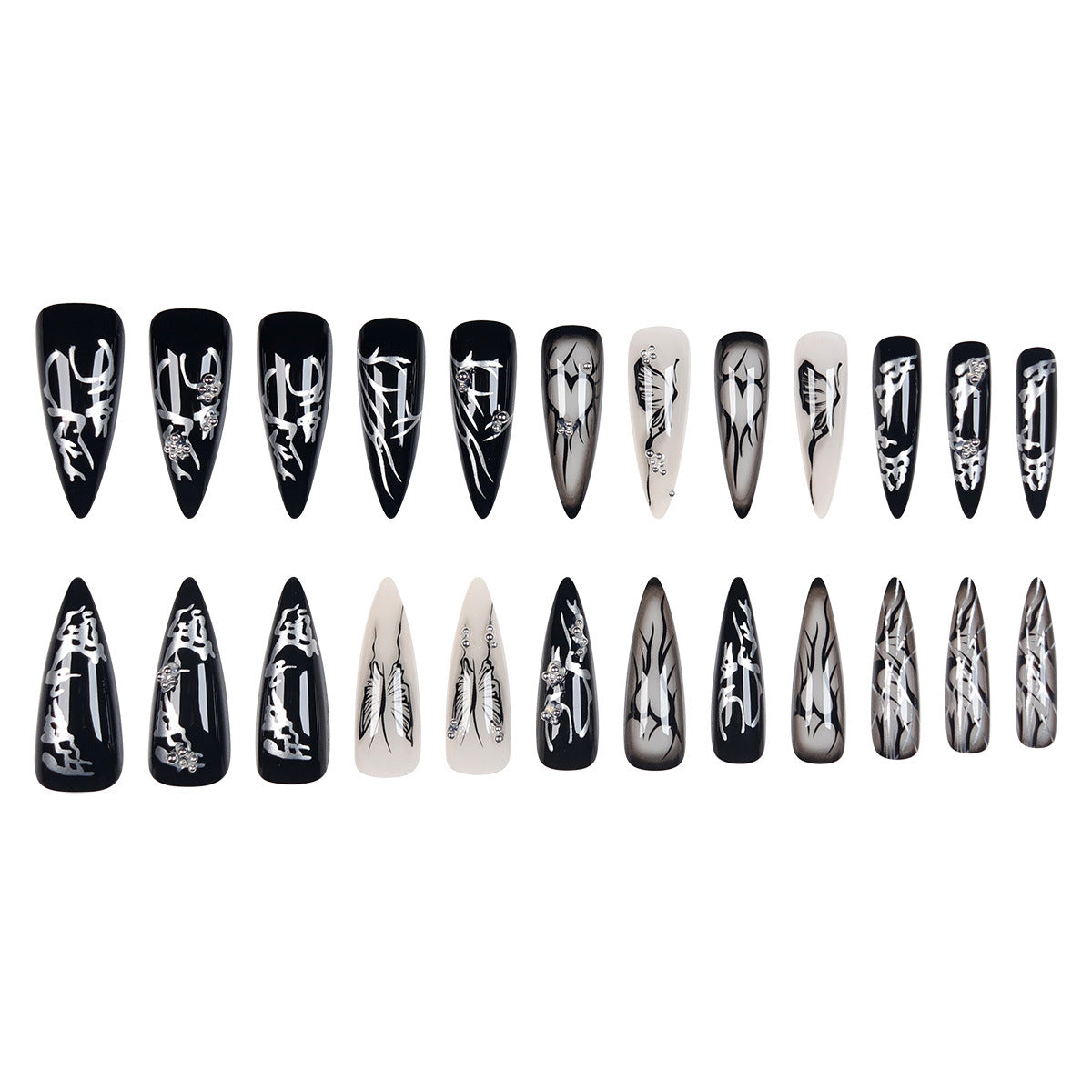 Gothic Press On Nails Black White Ombre Stiletto Butterfly Rhinestone Long Reusable 19