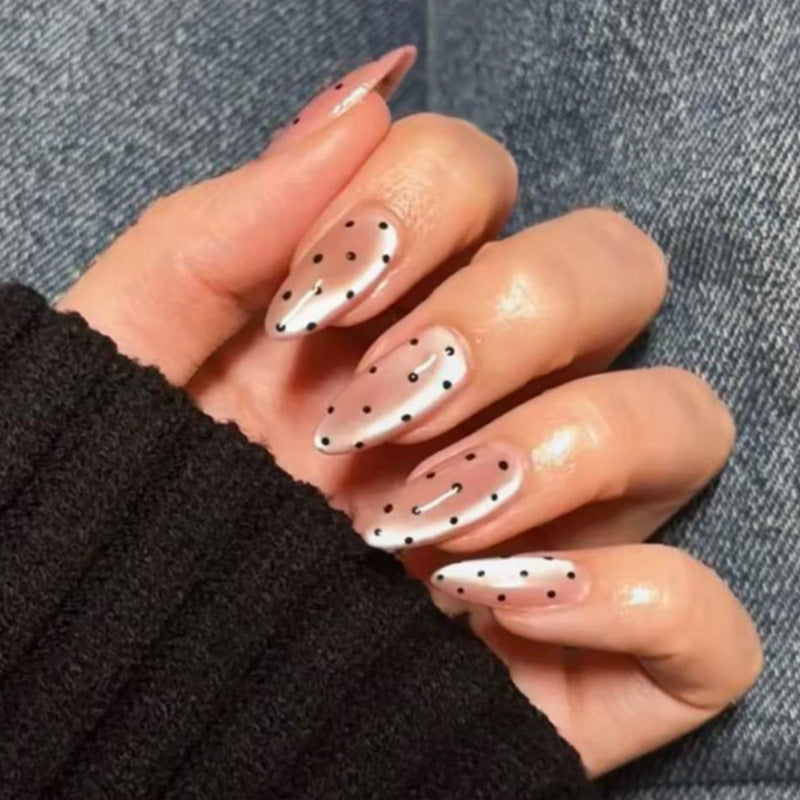 Nude Pink Press On Nails with Black Polka Dots Almond Shape Glossy Vintage Minimal Design Reusable Full Cover False Nails Kit Cute Classic Everyday Nails 97