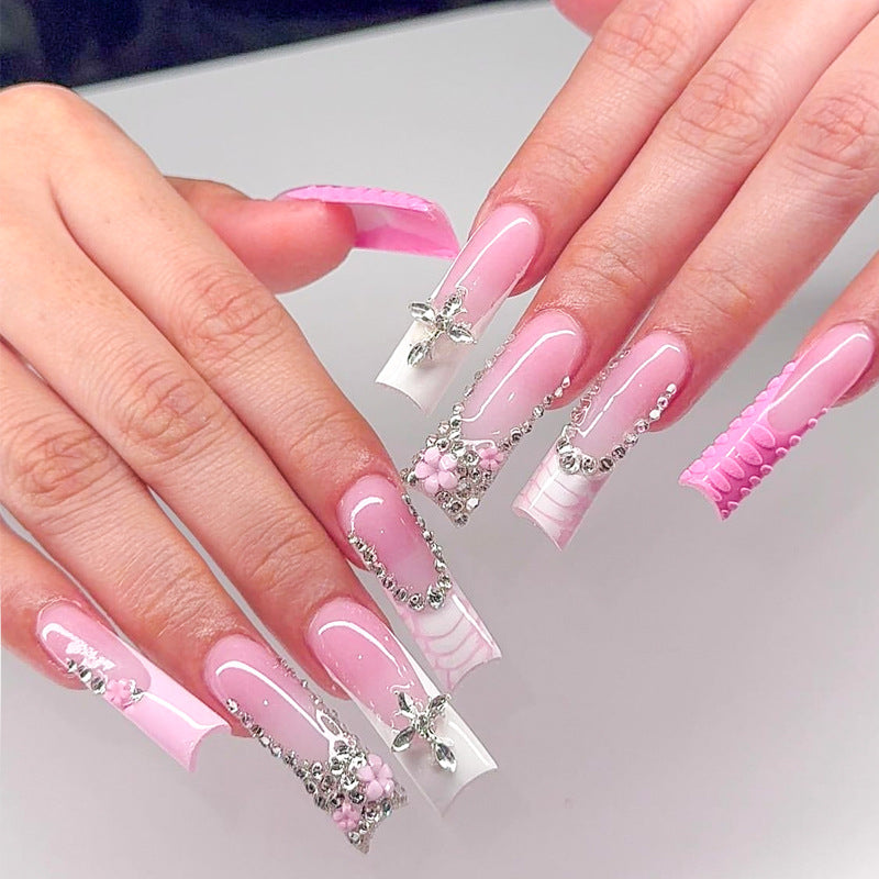 Press On Nails French Tip Nude Pink Rhinestone Star Flower Design Glossy Fake Nails Reusable Cute Luxury Nail Set 71