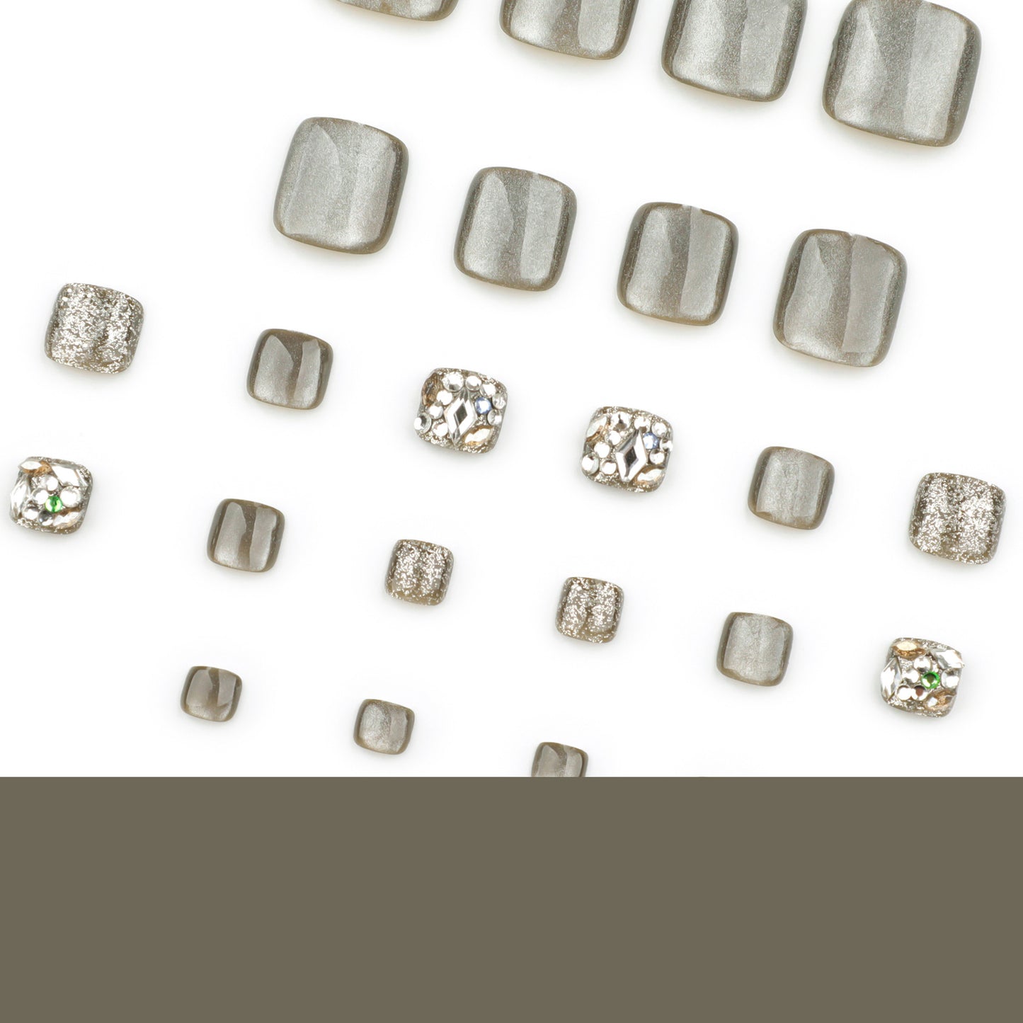 Grey Cat Eye Toe Press On Nails – Short Square Rhinestone Glossy Reusable Pedicure Nails 155