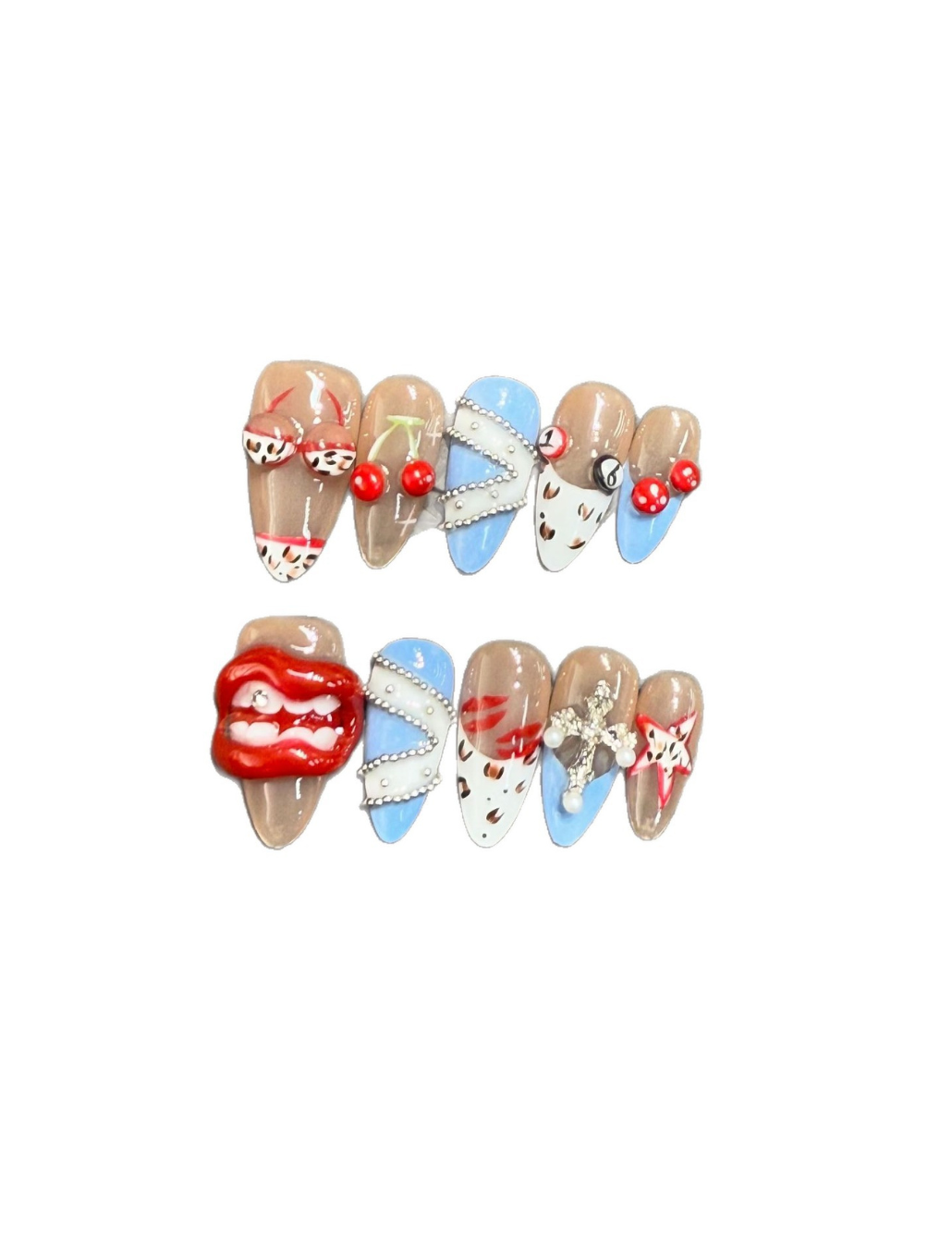 Y2K Inspired Press-On Nails – Ice Blue & Nude Leopard French Tip Almond Nails | 3D Cherry, Lip & Star Charms Reusable Nail Set 260