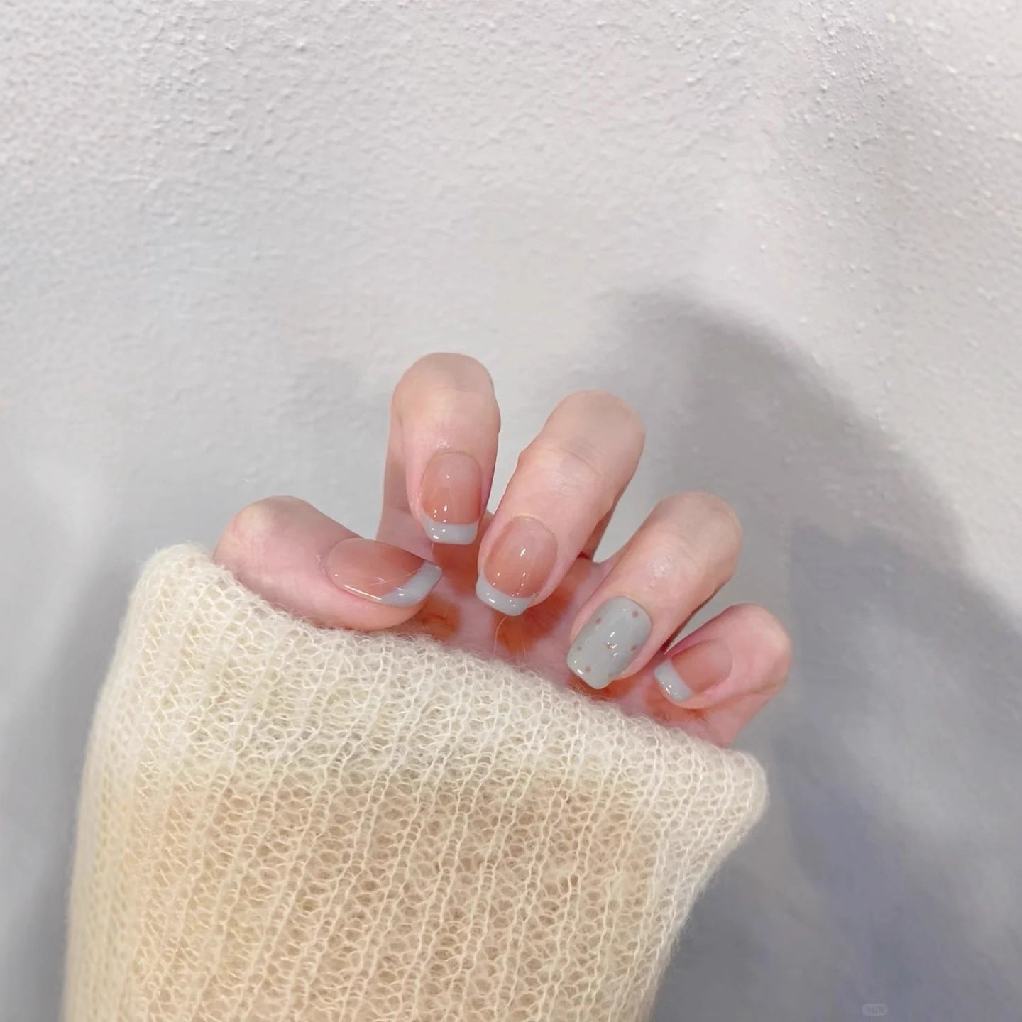 Nude French Tip Press On Nails – Short Squoval Glass Nails with Blue & White French Tips and Polka Dot Details 191