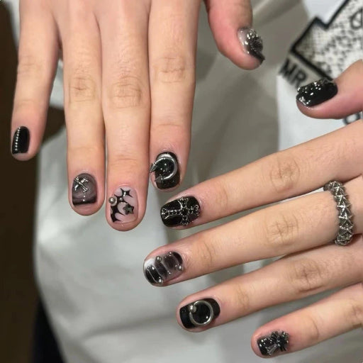 Black Grey Gothic Press On Nails Short Square Round – Smoky Marble 3D Cross & Metal Rings Pearl Accent Reusable Dark Aesthetic Nail Set 216
