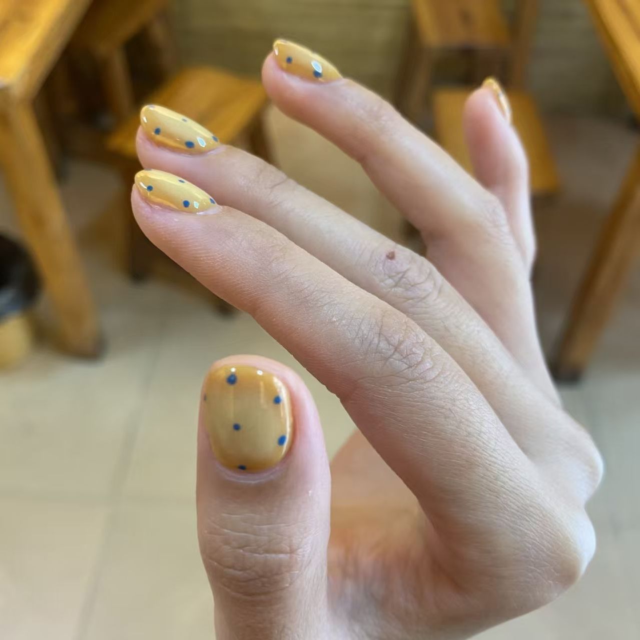 Butter Yellow Press On Nails Short Squoval – Blue Polka Dot Hand Painted Minimalist Summer Reusable Nail Set 202