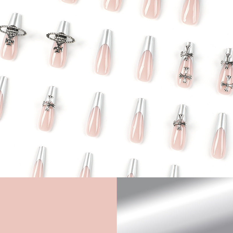 Nude Pink Press On Nails Long Square – Silver French Tip False Nails Cross Metal Reusable Full Cover Set 182
