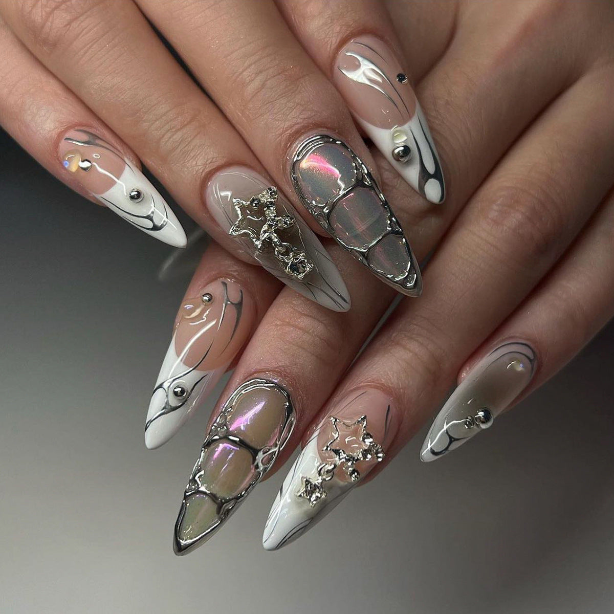 Gray Pink White Cat Eye Press On Nails Y2K Cyber Cute Cool Style with Rhinestones Studs Metallic Accents Almond Shape Reusable Glossy False Nails Full Cover Stick On Nails Kit 86