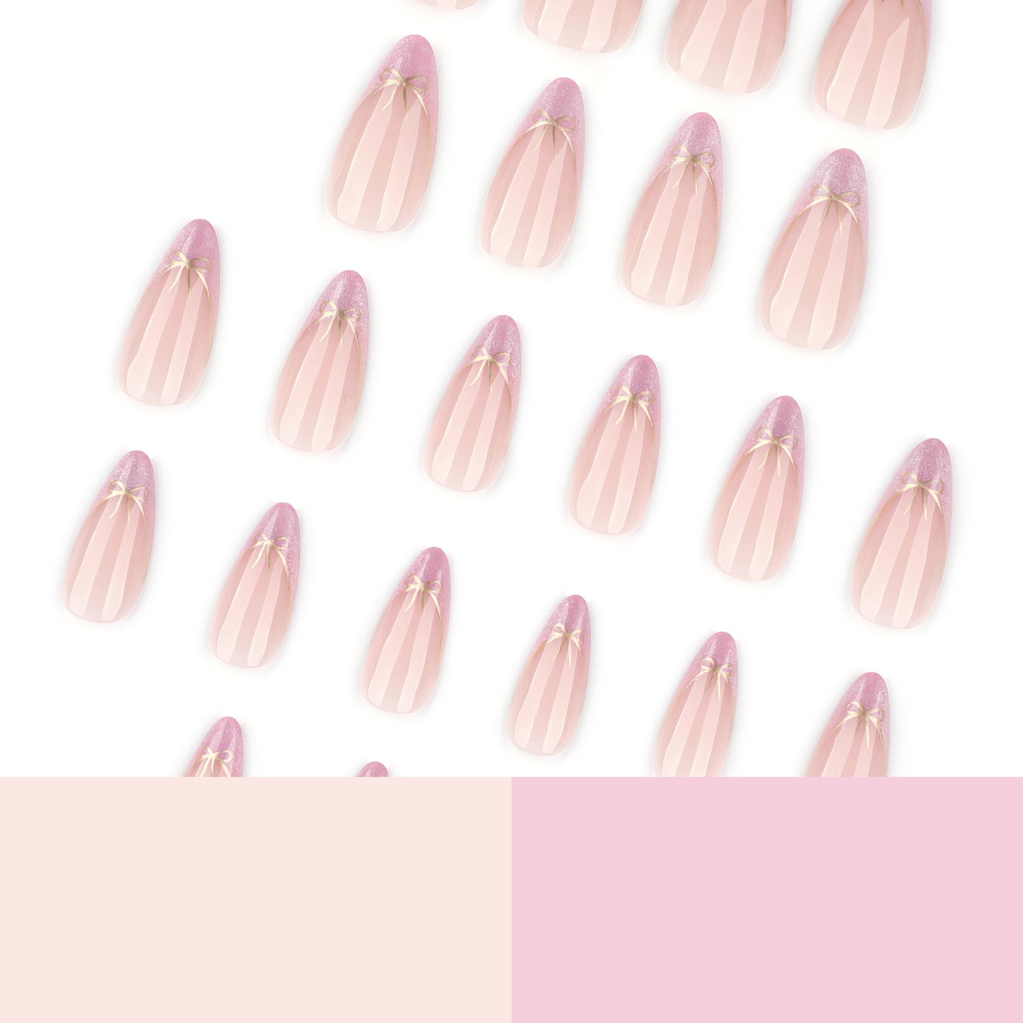 Nude Pink Press On Nails with Gold Bow Glitter French Tip Design Glossy Almond Shape Cute Elegant Full Cover False Nails Kit Reusable 132