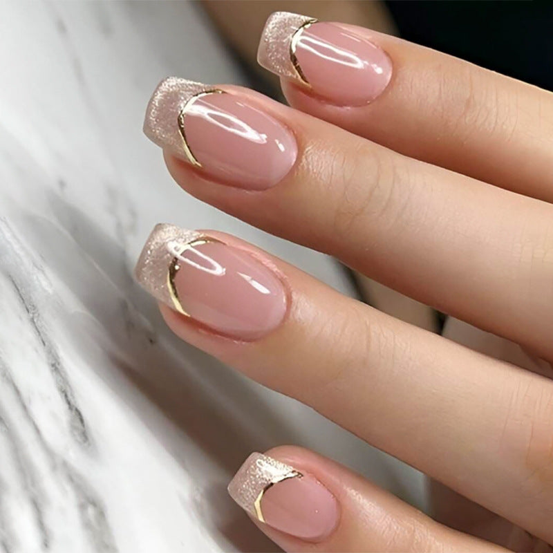 Nude Pink Press On Nails with Gold French Lines and Glitter Tips Glossy Short Squoval Shape Minimal Elegant Design Reusable Full Cover False Nails Kit 112