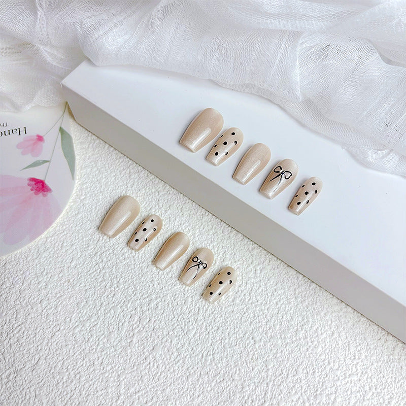 Milky White Cat Eye Reusable Press On Nails – Coffin Shape Bow Rhinestone Glossy Acrylic Nails 138