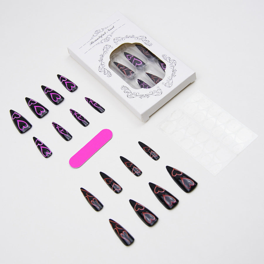 Y2K Black Press On Nails Long Stiletto Glossy Neon Pink Red Heart Gothic Punk Reusable 05