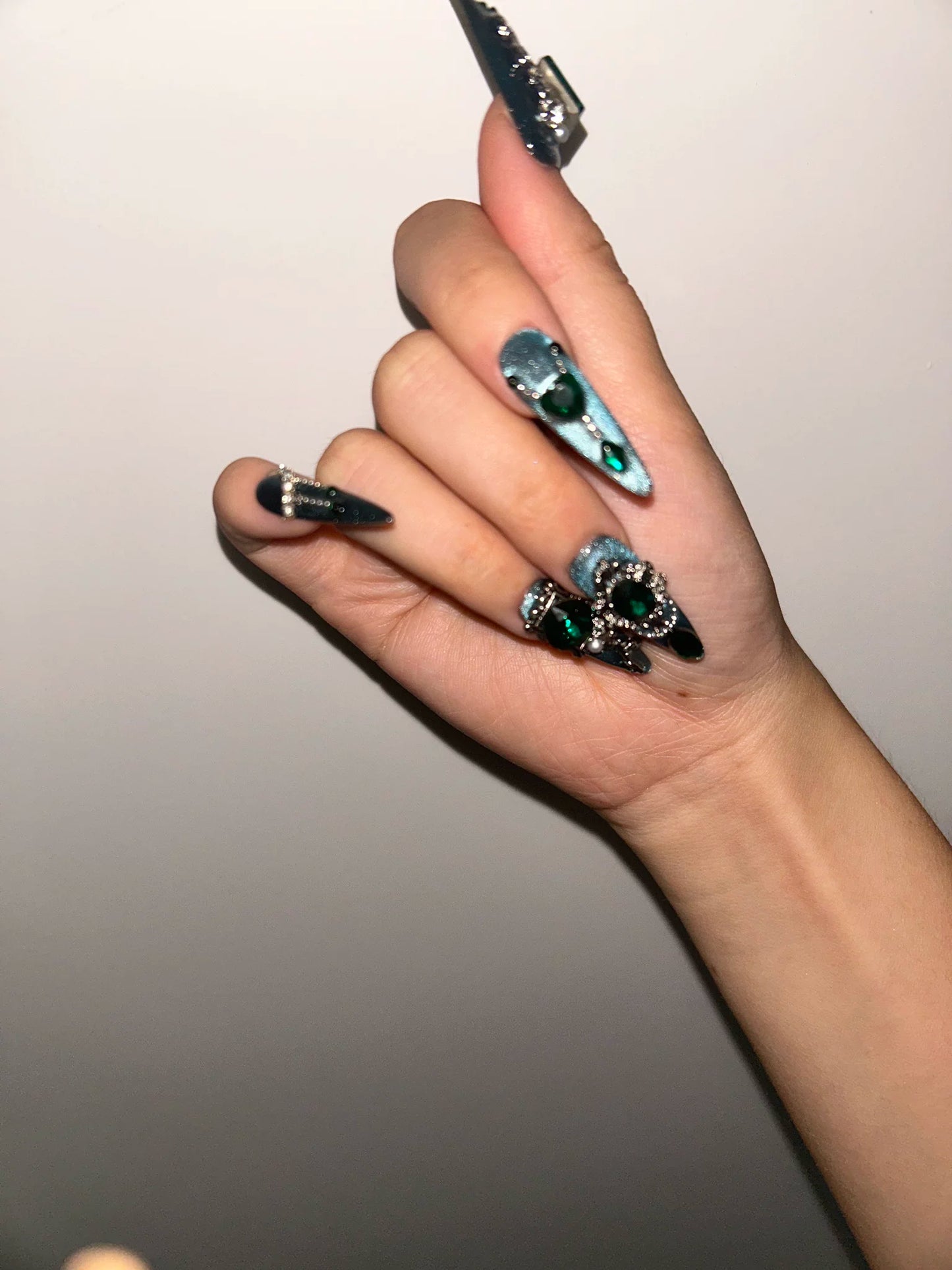 Emerald Snake Press-On Nails – Long Almond Nails with Blue Green Cat Eye Gradient & Vintage Crystal Embellishments | Gothic Luxury Reusable Nail Set 303