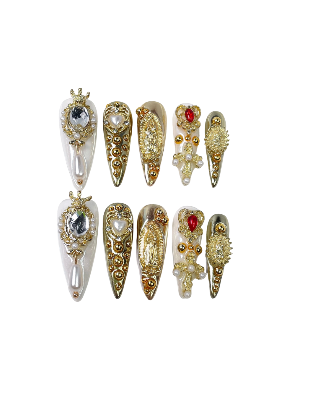 Baroque Press-On Nails – Gold & Ivory Gothic Glam Almond Nails | 3D Crown, Pearl Cross & Vintage Cameo Reusable Nail Set 252