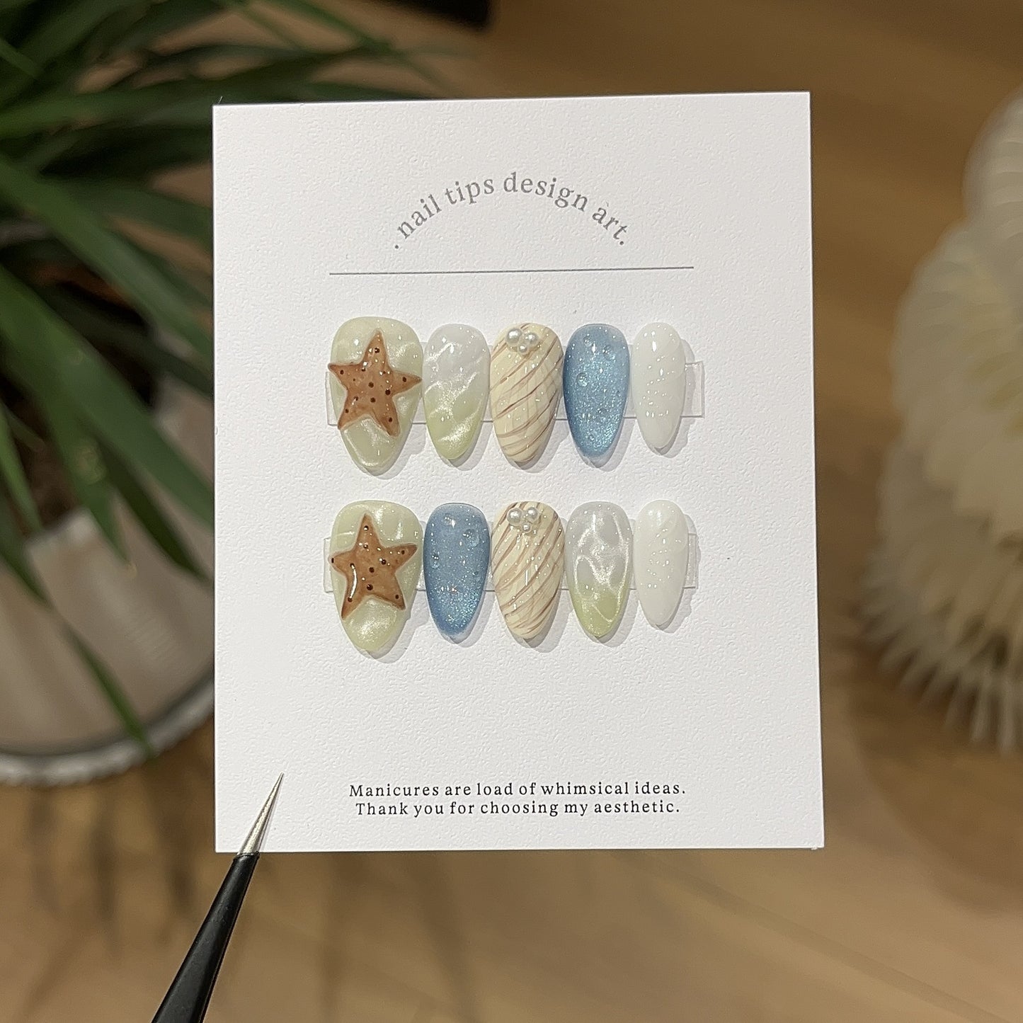 Beach Press-On Nails – 3D Starfish & Pearl Shell Almond Press-On Nails | Mermaid Aura Handmade Reusable Nail Set 237