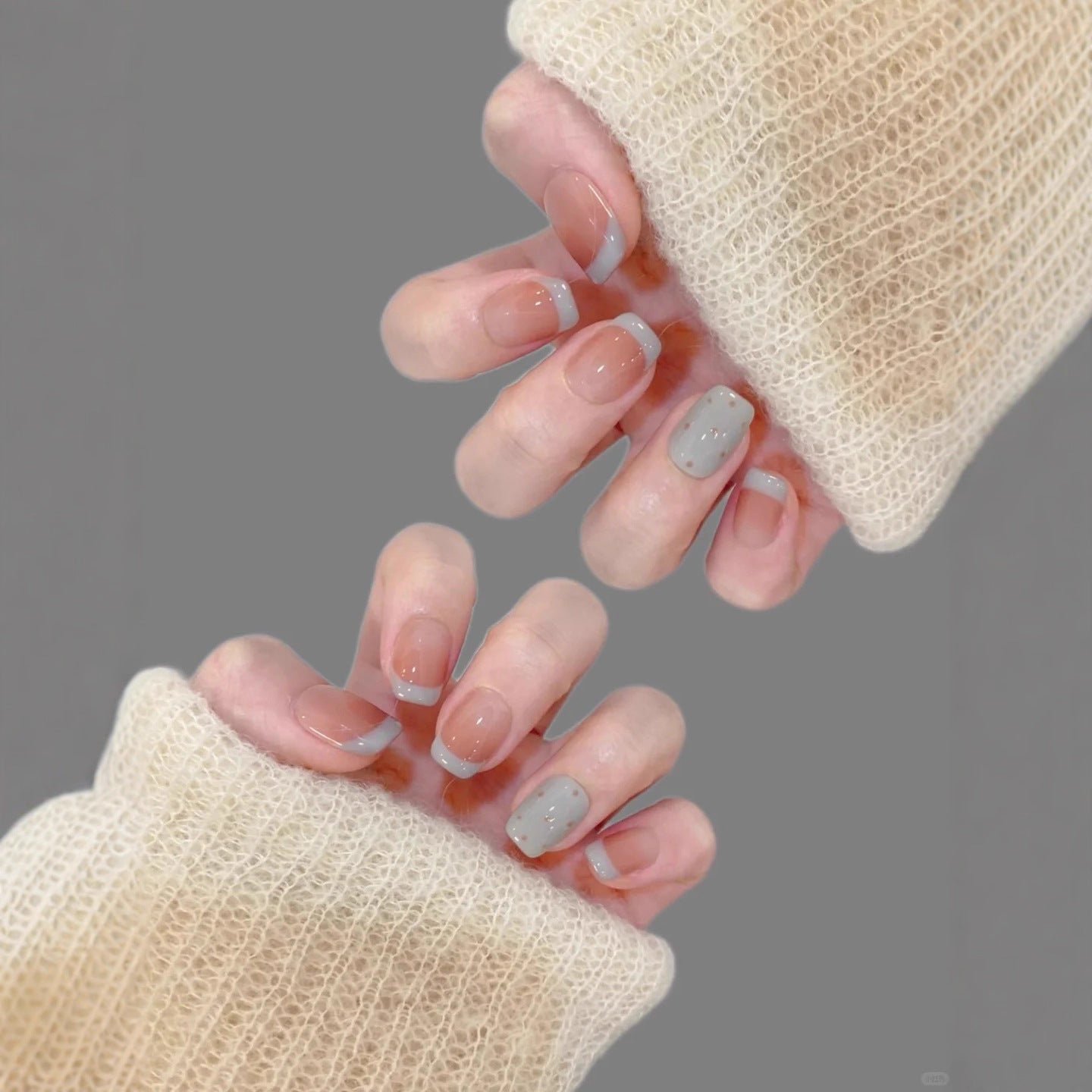 Nude French Tip Press On Nails – Short Squoval Glass Nails with Blue & White French Tips and Polka Dot Details 191